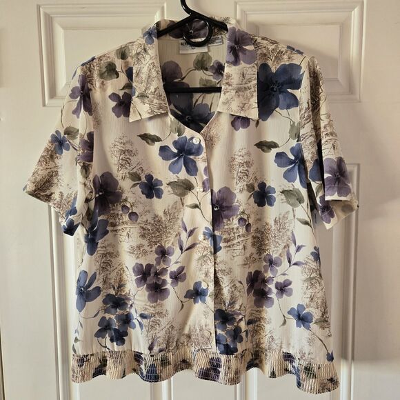 Vintage Alfred Dunner Petite 14P Floral Button Up Blouse Shoulder Pads Crinkle - Picture 1 of 8